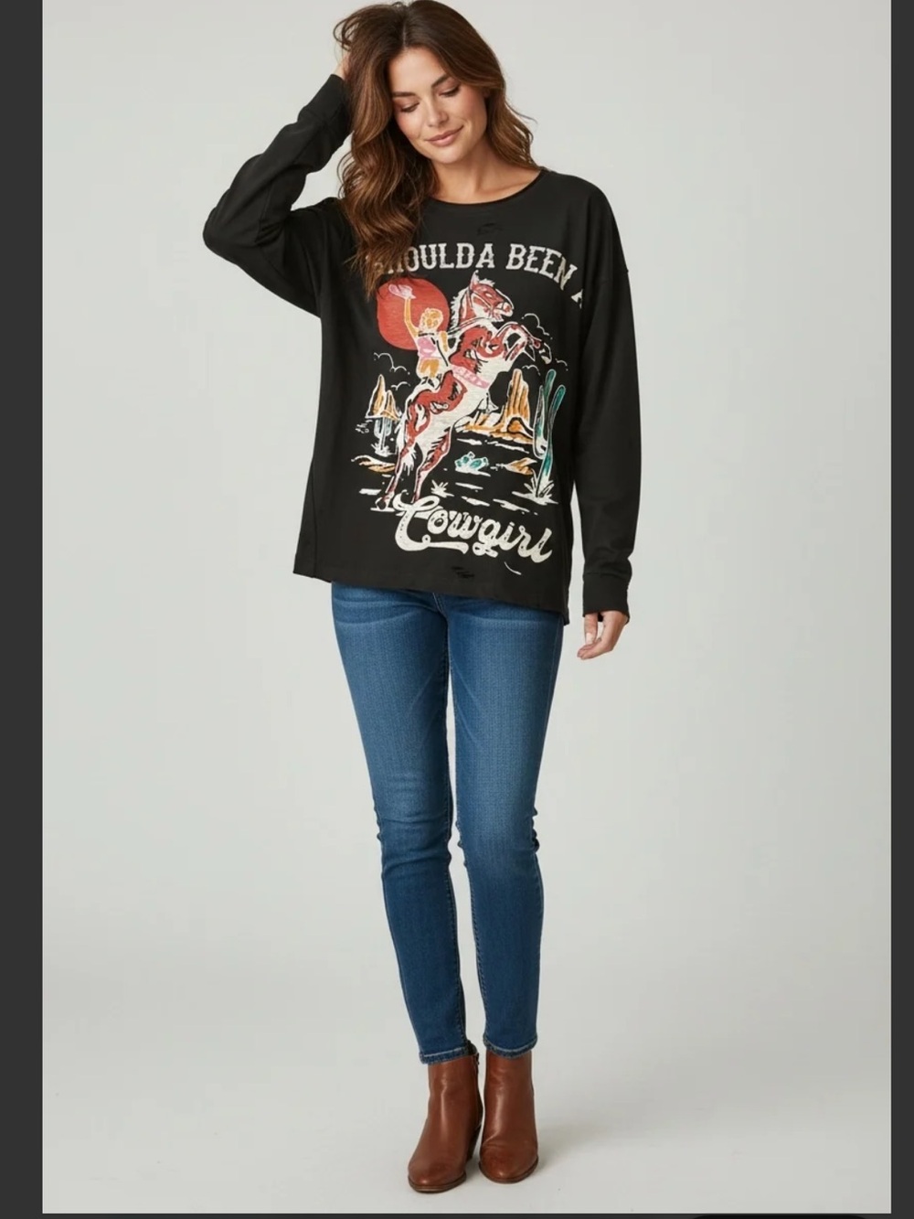 NWOT Paper Lace Shoulda Been a Cowgirl Black Long Sleeve Tee OS